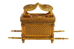 Golden Ark of the Covenant replica with two cherubim facing each other above an ornate gold-covered chest with carrying poles.
