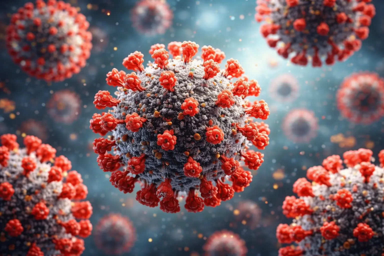 Close-up 3D render of coronavirus particles floating in a blue, out-of-focus background, with a sharp central sphere covered in red spike proteins.
