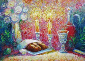 Painting of Shabbat candles with challah and wine and a kiddush cup