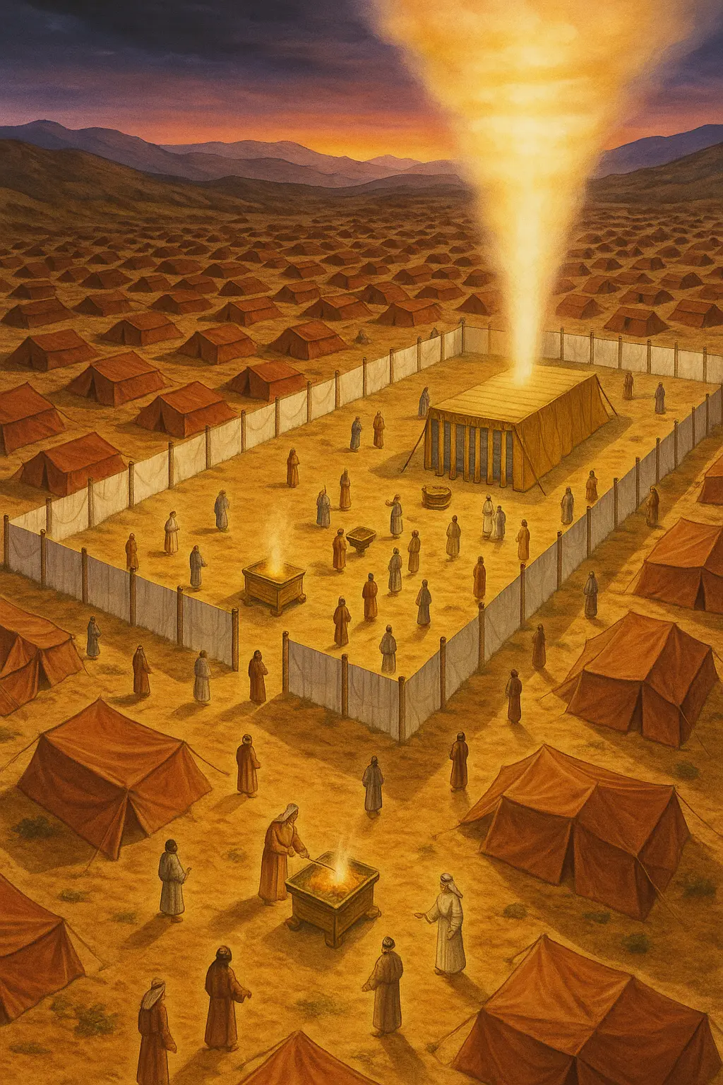 Bird’s-eye view of the Mishkan (Tabernacle) glowing in a desert camp, with white courtyard walls, a golden tent, priests moving inside, and rows of Israelite tents stretching to distant hills at dusk.