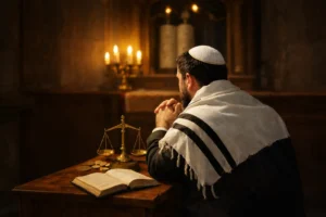 A Jewish man wearing a tallit and kippah sits in quiet prayer inside a softly lit synagogue, with an open book and balance scales on a wooden table, symbolizing moral accountability, repentance, and the separation between wrongdoing and human dignity.