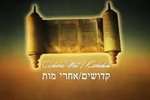 Torah Scroll open with words acharei mot kedoshem in hebrew under