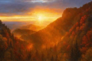 Glowing sunset over a misty mountain valley, warm golden light flooding the tree-covered slopes and autumn-colored hills.
