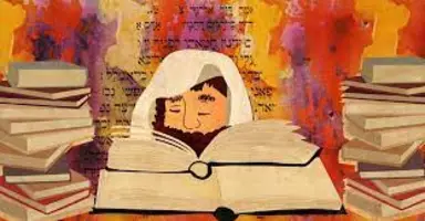 Painting of a man learning a Sefer with hebrew words behind him