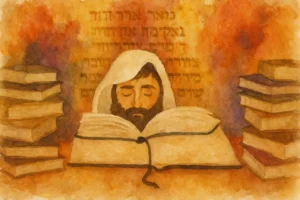 Watercolor illustration of a bearded Jewish scholar under a white tallit, reading a large open book, with stacks of books and warm Hebrew-text background.