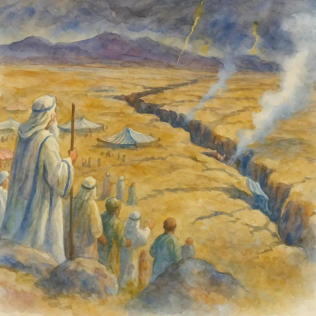 Oil-painting scene of Moses and Israelites watching a smoking desert chasm split the ground in their camp.