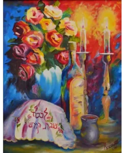 Painting of lit shababt candles, challah under the cover, and roses