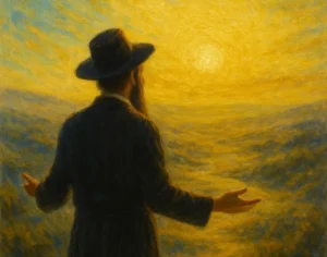 Oil painting of a man in traditional Jewish attire standing on a mountaintop at sunrise, arms open toward a radiant golden sky. The warm light fills the landscape, symbolizing divine presence and spiritual awareness inspired by Rav Kook’s vision of seeing God’s light in all creation.
