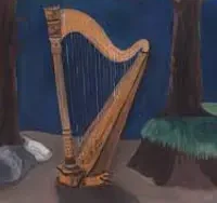 Golden harp out in a courtyard painting
