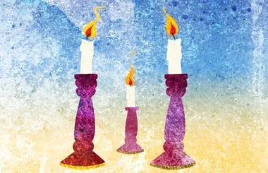 Painting of three lit Shabbat candles in purple candle holders