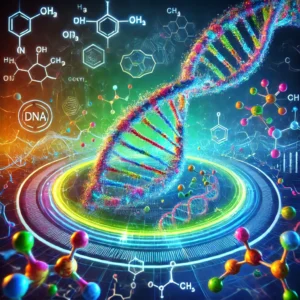 double helix surrounded by molecules and DNA cells