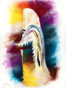 Painting of a man wearing a tallit and praying with watercolors around him