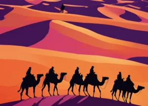 Men riding a camel and another man walking in front of his camel during sunrise in the desert