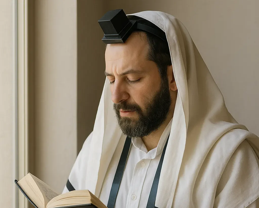 Jewish man in a white tallit with black stripes prays by a window, eyes closed, holding a siddur; tefillin are wrapped on his arm and worn on his forehead.