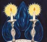 Painting of two lit Shabbat candles in silver candle holders