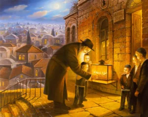Man lighting Chanukah candles in Jerusalem