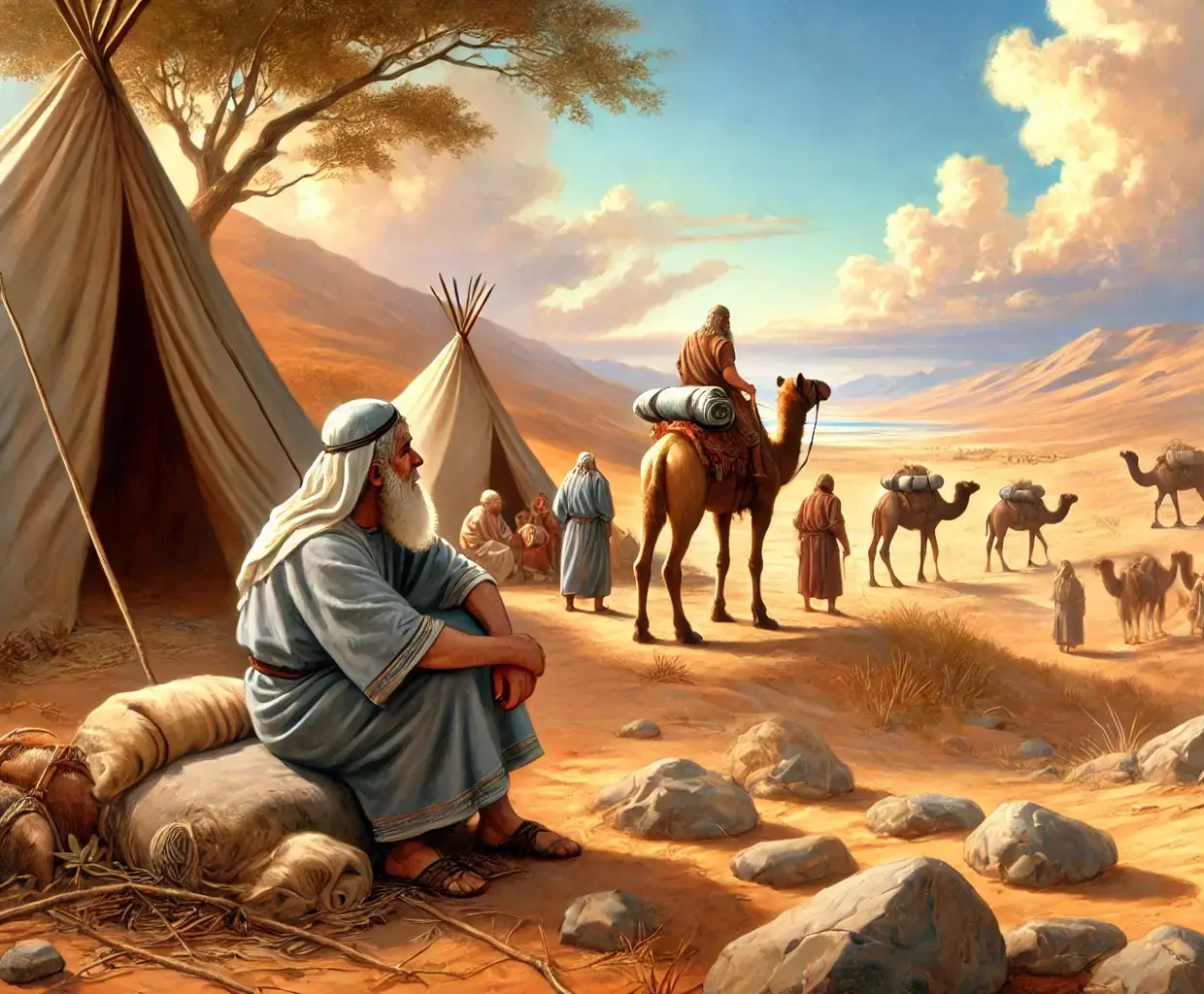 A historical and dramatic depiction of Yaakov (Jacob) sending messengers to his brother Esav (Esau) in a Biblical setting. Yaakov stands near a camp