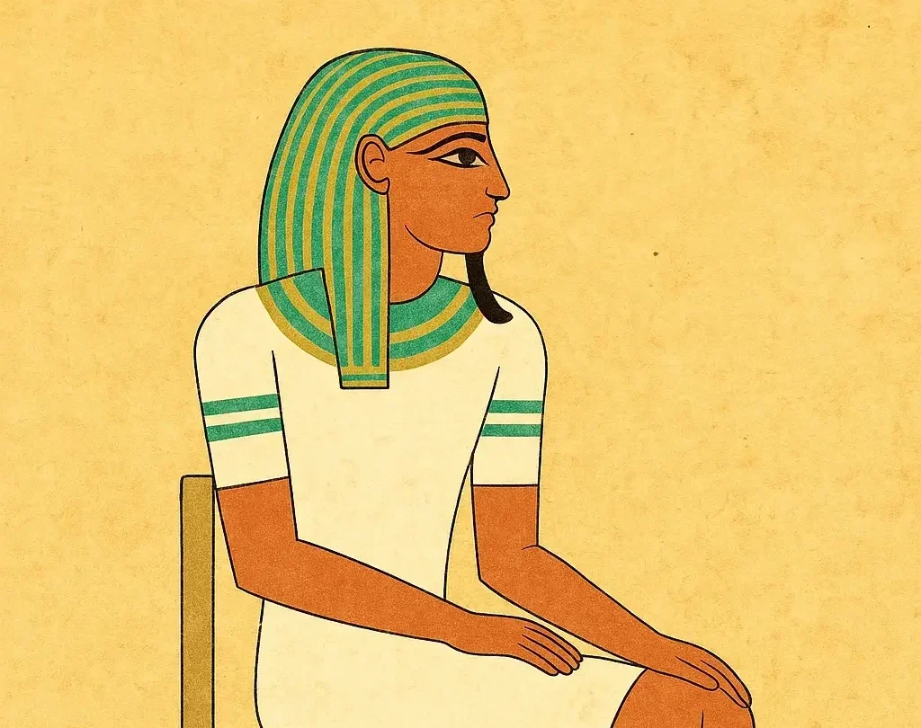 Ancient Egyptian-style illustration of Joseph from the Torah sitting on a chair, wearing a white robe and blue-green striped headdress, drawn in flat papyrus art style with gold accents and minimalist background.