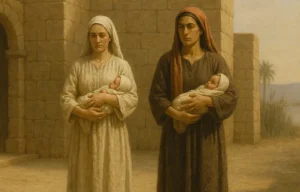 Two biblically dressed midwives, Shifra and Puah, stand in a sunlit stone courtyard, each holding a swaddled infant; distant palms and hills beyond.