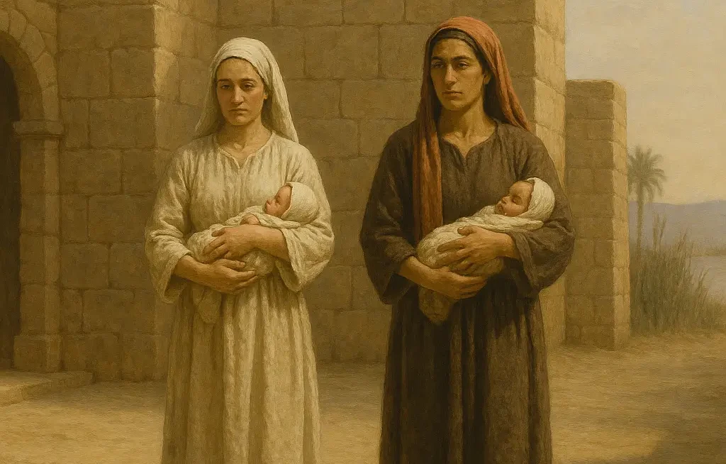 Two biblically dressed midwives, Shifra and Puah, stand in a sunlit stone courtyard, each holding a swaddled infant; distant palms and hills beyond.