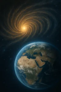 Realistic image of Earth forming in space with a glowing proto-star and swirling cosmic dust during the early creation of the planet.