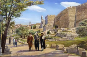 Three Jewish men walking together outside the old city