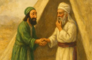 Warm, painterly scene of two Middle Eastern men shaking hands outside a desert tent—one in green robes, the other in white with a headwrap.