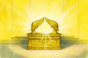 Golden Ark of the Covenant with two cherubim facing each other, their wings touching as radiant light shines between them, filling the room with a warm glow