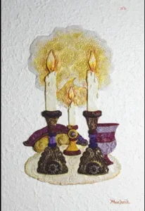Art work of shabbat candles and kiddush cup and challah