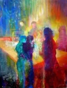 Painting of shadows of two people with a colorful background