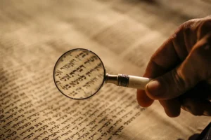 Magnifying glass looking at torah text