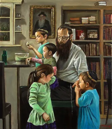 Father in his house with kids painting