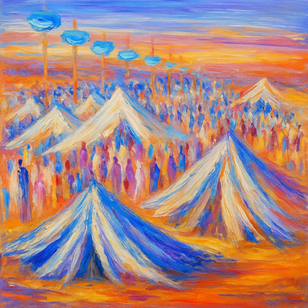 Impressionistic painting of colorful tents and crowds in a desert camp beneath a purple-orange sky