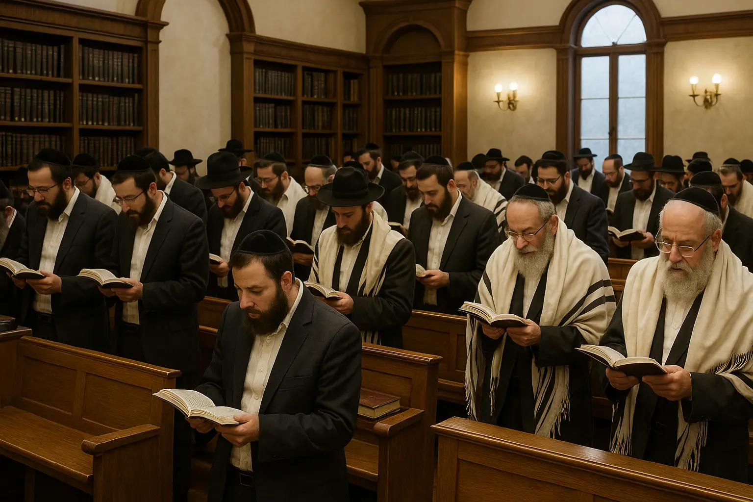 Jewish men praying in a synagogue, standing with siddurim in hand.
