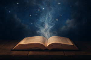 Open antique book on a wooden table with glowing mist rising into a starry night sky.