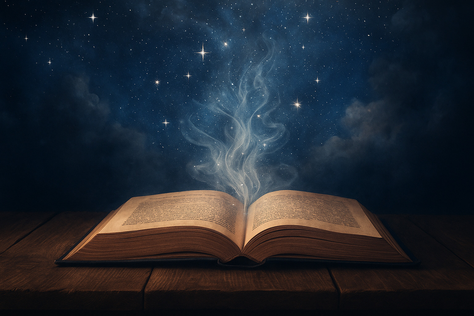Open antique book on a wooden table with glowing mist rising into a starry night sky.