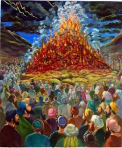 Painting of the Jews getting the Torah at Har Sinai and Hashem coming down