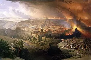 Beit Hamikdash burning as smoke fills the sky above Jerusalem