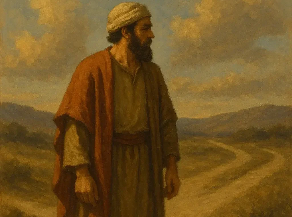 An ancient Middle Eastern man in robes stands at a fork in a desert path, looking toward one of the roads under a warm, cloudy sky