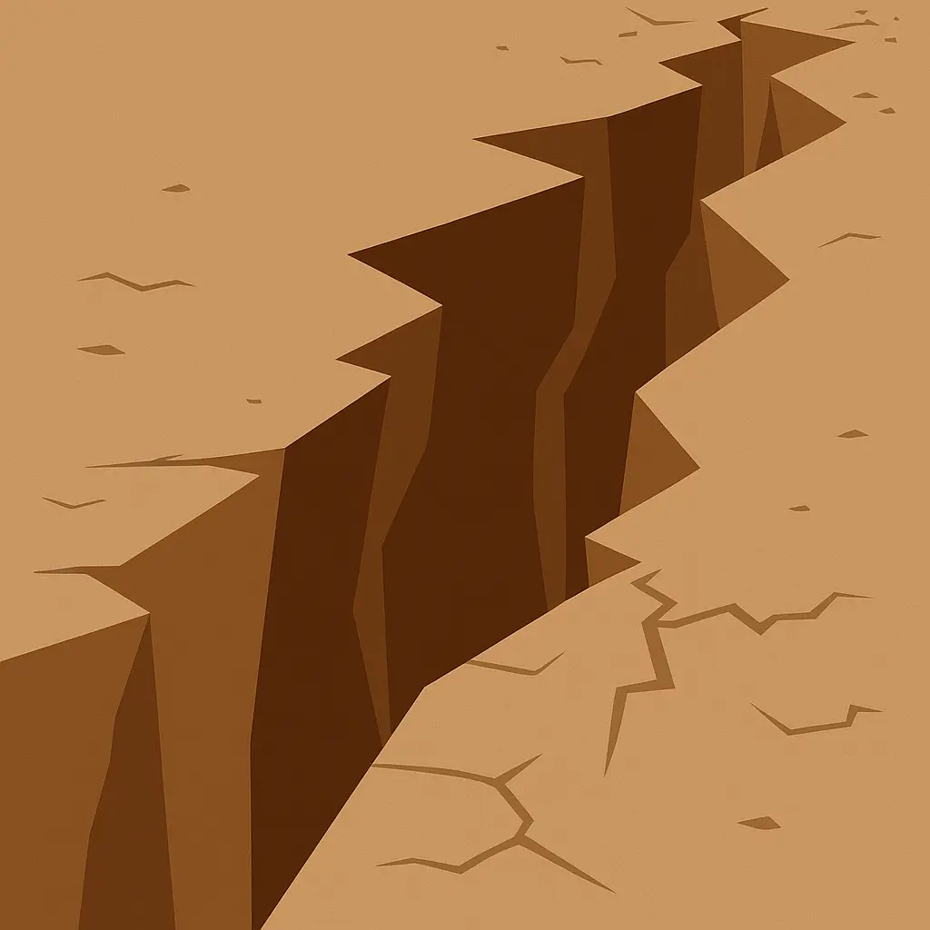 Minimalist flat illustration of a deep ground fissure splitting cracked desert earth in stylized brown vector shapes.