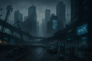 Dystopian modern city at dusk—cracked highways, downed power lines, flickering neon, and long queues of people—evoking a civilization in decline.