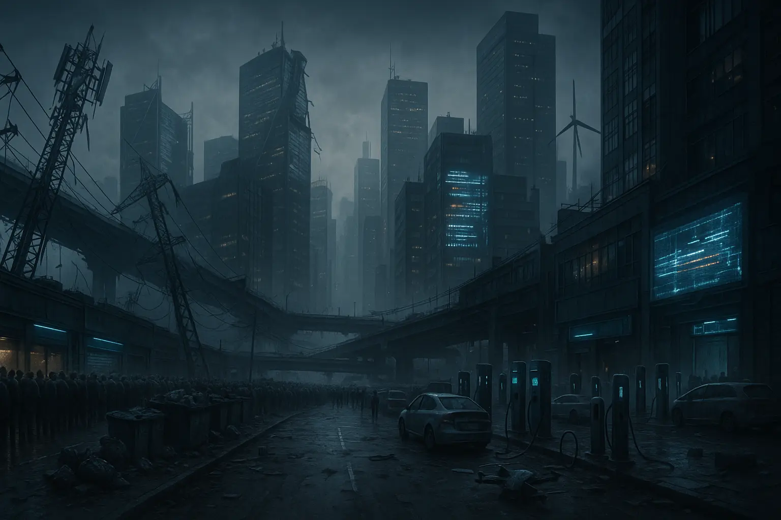 Dystopian modern city at dusk—cracked highways, downed power lines, flickering neon, and long queues of people—evoking a civilization in decline.
