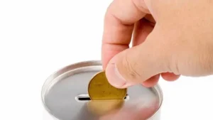 Hand putting a coin into a tzedakah box