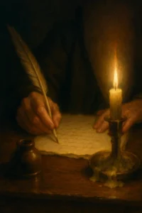Man writing with a feather on a scroll by candle light
