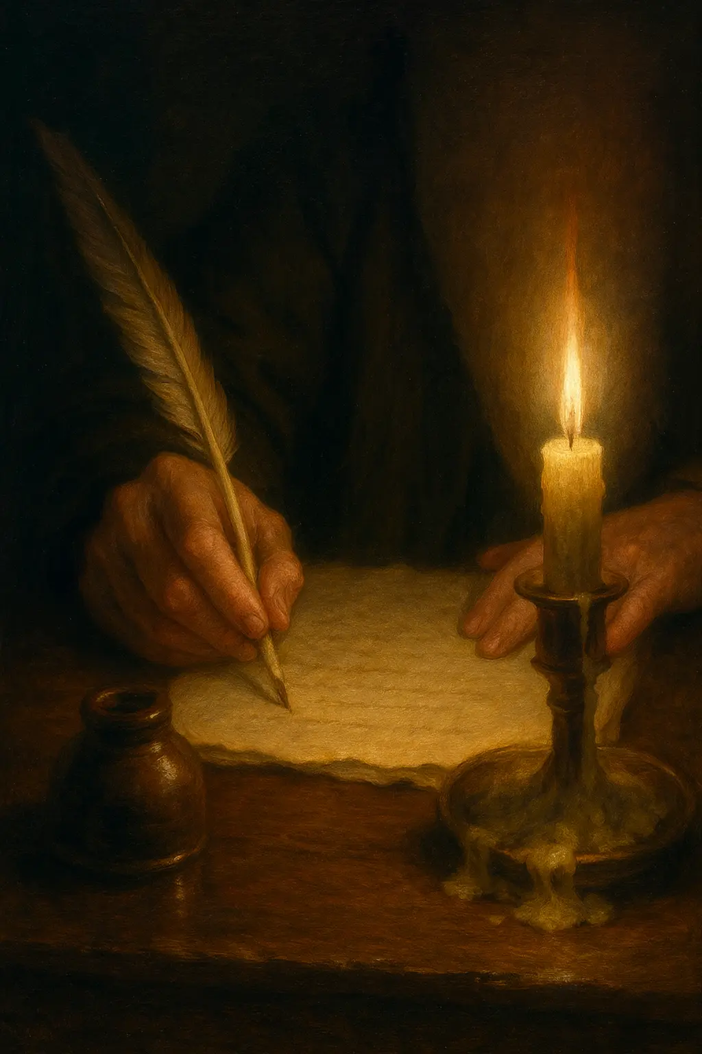 Man writing with a feather on a scroll by candle light