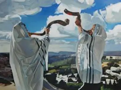Two men wearing Tallits blowing long Shofars on a hill above a town