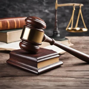 Brown Gavel on a desk with a scale and an open book in the background