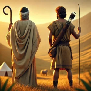 A depiction of Yaakov and Esav from the biblical story, shown from behind with their backs facing the viewer. Yaakov is dressed in simple robes, holding a staff