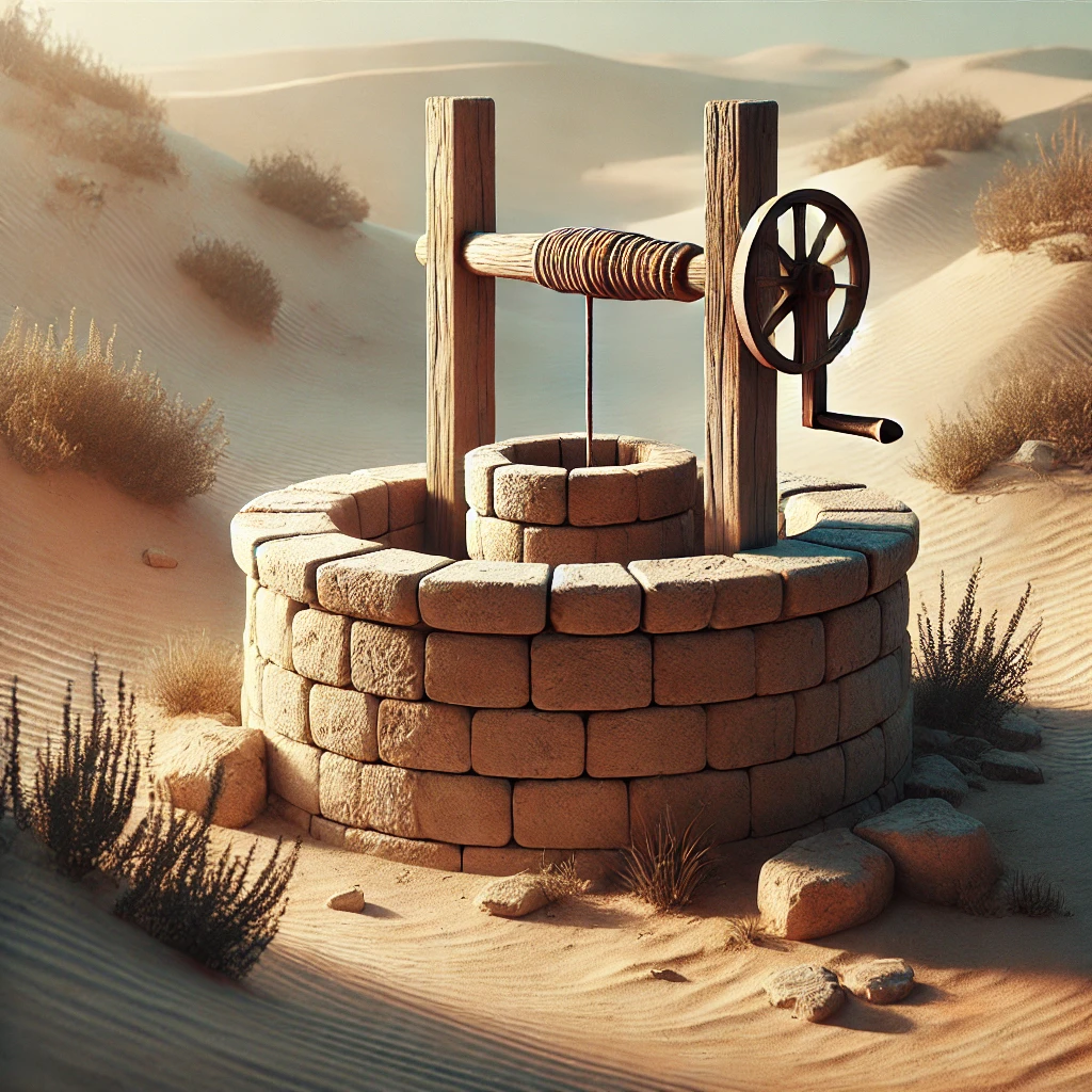 An-ancient-well-in-a-desert-setting-constructed-from-weathered-stone-blocks-with-a-simple-pulley-or-bucket-system