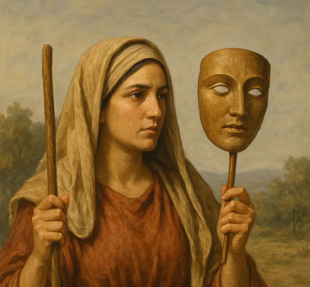 Tamar holding up a mask and a stick